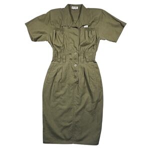 Vintage Nok Nok‎ Dress Womens M Army Green Military Inspired Ramie Cotton Midi